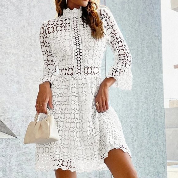 White mock neck Mesh Insert Flounce Sleeve Lace Dress - Picture 2 of 7